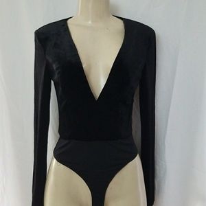 New velour leotard ling sleeve plunging v neck